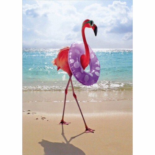 Avanti Flamingo with Swim Ring Funny Feminine Birthday Card Perspective: front