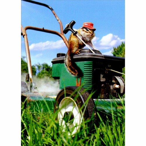 Avanti Chipmunk Lawnmower Cute Funny Father's Day Card Perspective: front