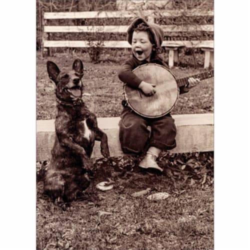 Avanti Young Child Playing Banjo with Dog America Collection Funny / Humorous Thank You Card Perspective: front