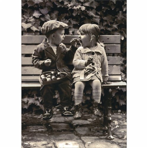 Avanti Little Boy Feeding Little Girl Chocolates On Bench Cute Valentine's Day Card Perspective: front