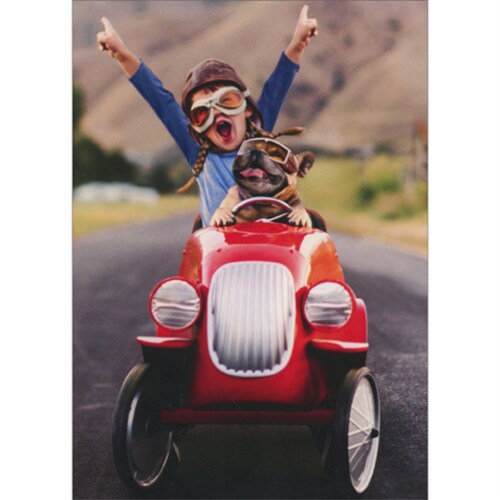 Avanti Press Greeting Cards Birthday- KID AND DOG IN GO CART Perspective: front