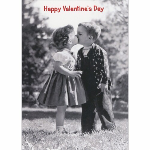 Avanti Girl and Boy Kissing on Lawn Black and White Photo Romantic Valentine's Day Card Perspective: front