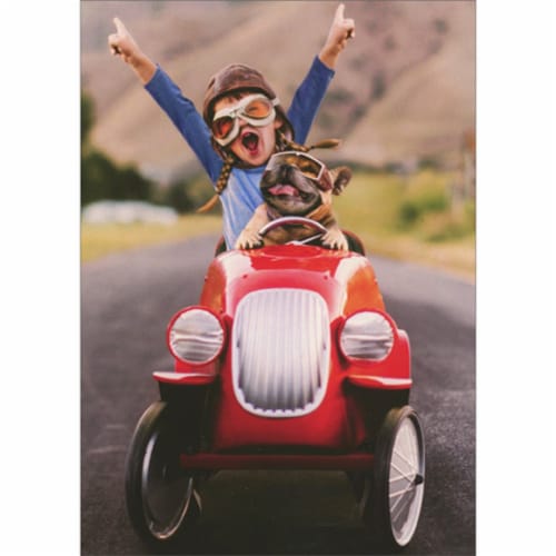 Avanti Girl with Raised Arms and Dog Driving Red Go Cart Graduation Card Perspective: front