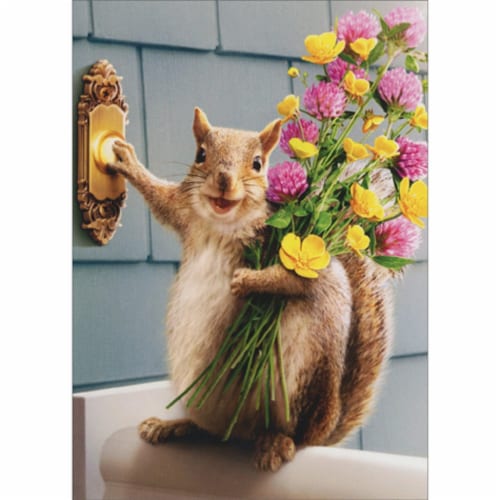Avanti Press Greeting Card - New Home -Squirrel Delivers Flower Bouquet Perspective: front