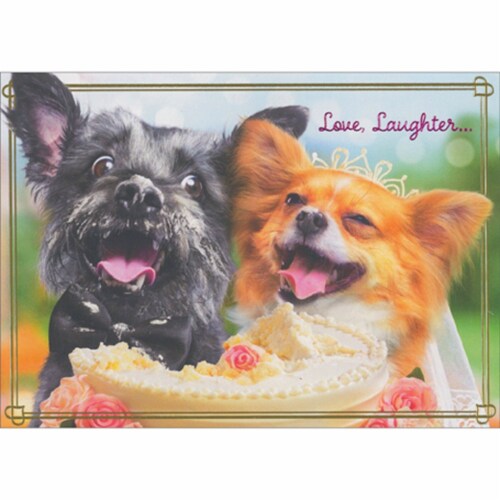 Avanti Love, Laughter: Dogs with Bow Tie and Gown Eating Cake Congratulations Wedding Card Perspective: front