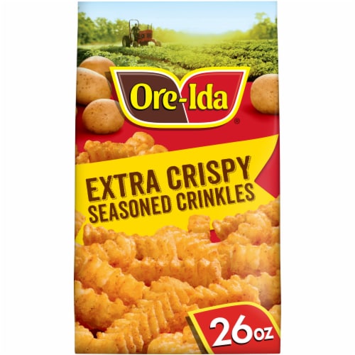 Ore-Ida Extra Crispy Seasoned Crinkles French Fries Fried Frozen Potatoes Perspective: front