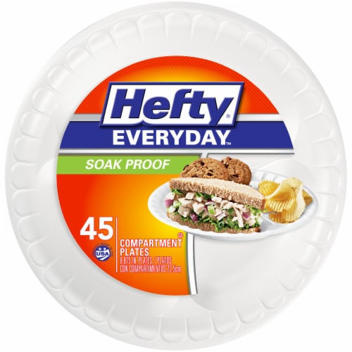 Hefty Everyday Soak Proof White Foam Compartment Plates, 45 ct - Foods Co.