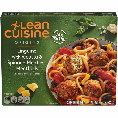 Lean Cuisine Origins Linguine with Ricotta & Spinach Meatless Meatballs Frozen Meal Perspective: front
