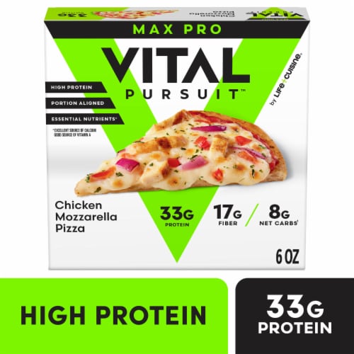 Vital Pursuit Thin Crust Chicken Mozzarella Pizza High Protein Portion Aligned Meal Frozen Pizza Perspective: front