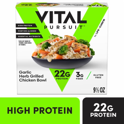 Vital Pursuit Garlic Herb Grilled Chicken Bowl High Protein Portion Aligned Meal Perspective: front