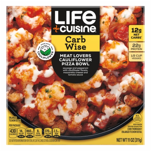 Life Cuisine Frozen Meal Meat Lovers Cauliflower Pizza Bowl Carb Conscious Frozen Dinner Perspective: front