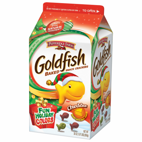 Goldfish Fun Holiday Colors Cheddar Baked Snack Crackers Perspective: front