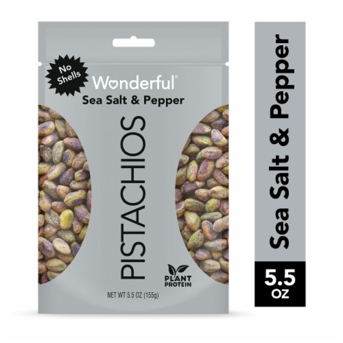Wonderful Pistachios, No Shells Sea Salt & Pepper Pistachios, 5.5 Ounce Resealable Pouch Perspective: front