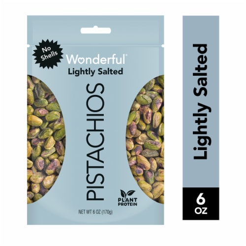 Wonderful Pistachios, No Shells Roasted & Lightly Salted Pistachios, 6 Ounce Resealable Pouch Perspective: front