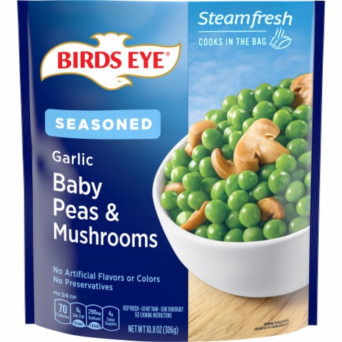 Birds Eye Steamfresh Lightly Seasoned Garlic Baby Peas & Mushrooms Perspective: front