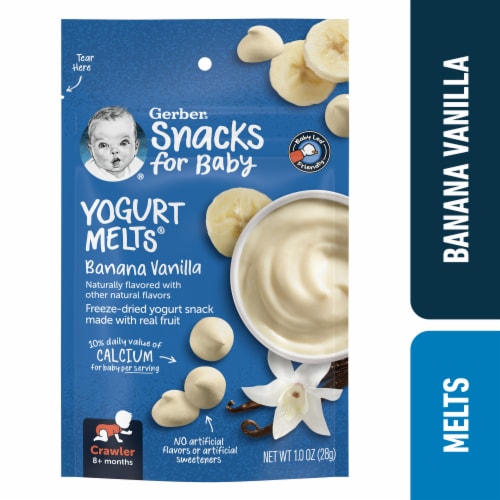 Gerber Stage 3 Baby Food Snacks Banana Vanilla Yogurt Melts Baby Led Feeding Perspective: front