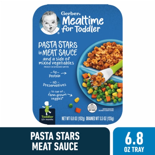 Gerber Mealtime for Toddler Pasta Stars in Meat Sauce and a side of Mixed Vegetables Toddler Food Perspective: front