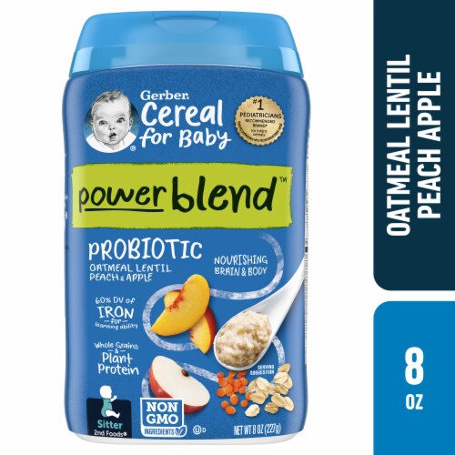 Gerber Cereal for Baby Power Blend 2nd Foods Probiotic Oatmeal Baby Cereal Peach Apple Perspective: front