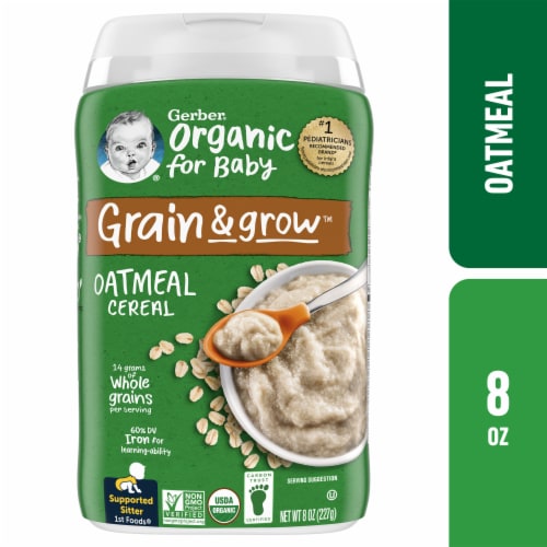 Gerber 1st Foods Supported Sitter for Baby Grain & Grow Baby Cereal Oatmeal Canister Perspective: front