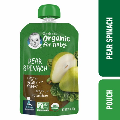 Gerber® Organic Pear Spinach Stage 2 Baby Food Pouch Perspective: front