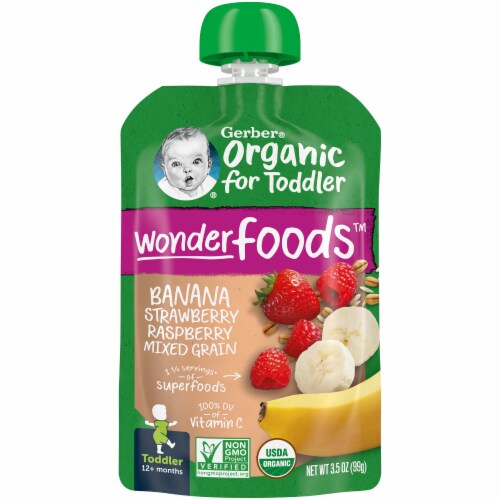 Gerber Organic Banana Strawberry Raspberry & Mixed Grain Toddler Food Perspective: front