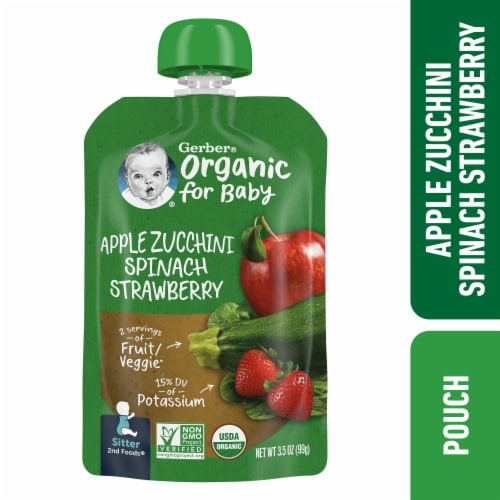 Gerber® Wonderfoods™ 2nd Foods® Organic Apple Zucchini Spinach & Strawberry Baby Food Pouch Perspective: front