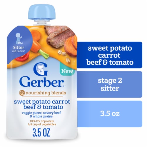 Gerber Stage 2 Baby Food Sweet Potato Carrot Beef & Tomato Baby Food Pouches Puree Perspective: front