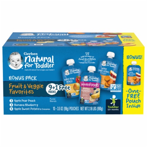 Gerber® Toddler Banana Blueberry Apple Pear Peach & Apple Sweet Potato Value Pack Baby Food Pouches Perspective: front