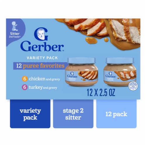 Gerber 2nd Foods Puree Favorites Chicken and Turkey Baby Food Variety Pack Jars Perspective: front