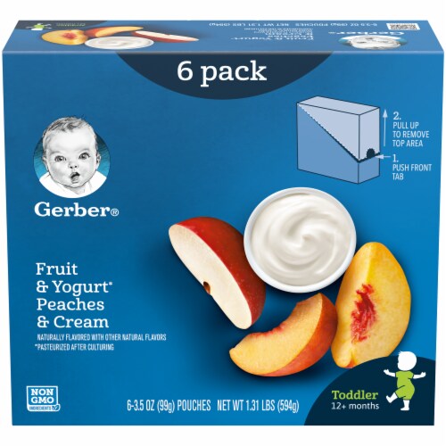 Gerber Toddler Fruit & Yogurt Peaches & Cream Food Pouches 6 Count Perspective: front