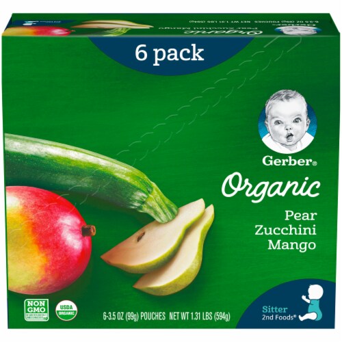 Gerber 2nd Foods Organic Pear Zucchini & Mango Baby Food Pouches 6 Count Perspective: front