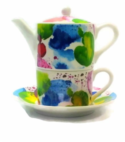 Roy Kirkham ER30141 90 mm The Planets Tea for One Teapot with Tea Cup & Saucer, Multi Color Perspective: front
