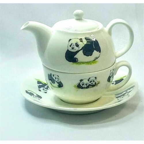 Roy Kirkham ER30142 90 mm Panda Tea for One Teapot with Tea Cup & Saucer, Multi Color Perspective: front