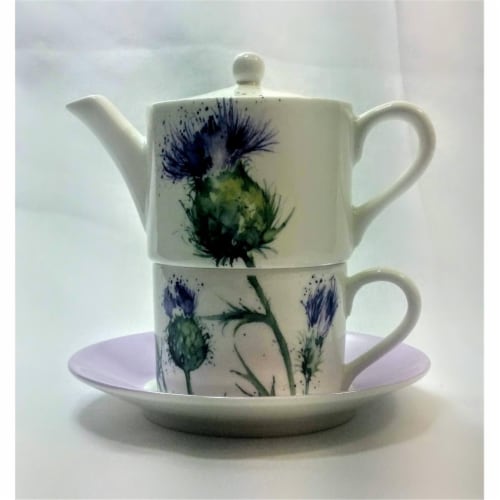 Roy Kirkham ER30143 90 mm Thistles Tea for One Teapot with Tea Cup & Saucer, Multi Color Perspective: front