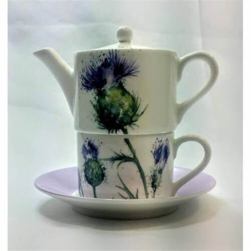 Roy Kirkham ER30143 90 mm Thistles Tea for One Teapot with Tea Cup & Saucer, Multi Color Perspective: front