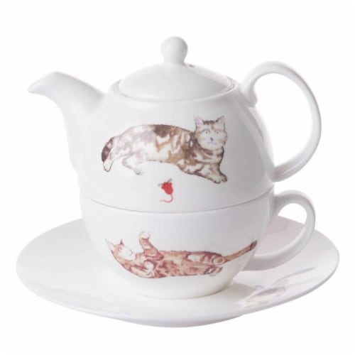 Roy Kirkham ER3071 90 mm Cats Tea for One Teapot with Tea Cup & Saucer, Multi Color Perspective: front