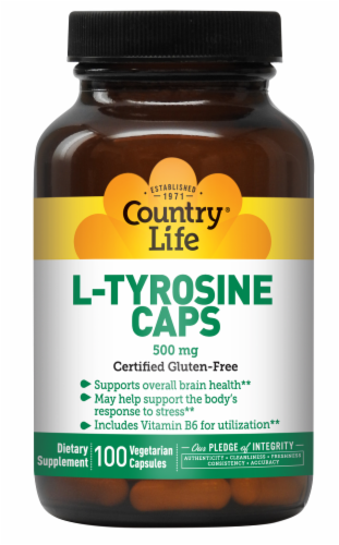 Country Life L-Tyrosine 500 mg with B-6 Vegetarian Capsules Perspective: front