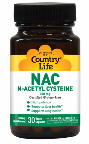 Country Life NAC N-Acetyl Cysteine 750 mg Vegetarian Capsules Perspective: front