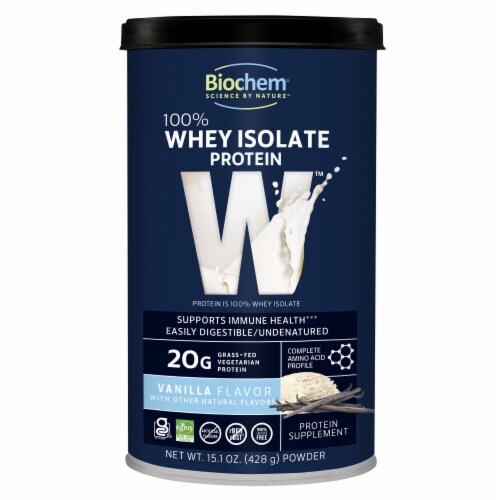 BioChem Vanilla Flavor 100% Whey Isolate Protein Powder Perspective: front