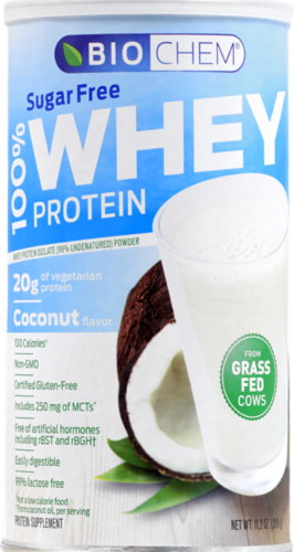 BioChem 100% Whey Coconut Flavor Sugar-Free Protein Perspective: front