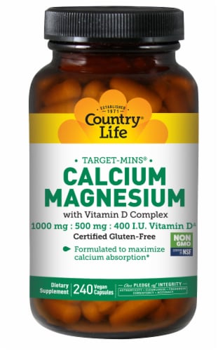 Country Life Calcium 1000mg Magnesium 500mg with Vitamin D 400 IU Vegetarian Capsules Perspective: front