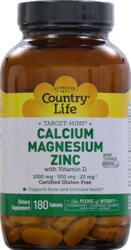Country Life Calcium 1000 mg Magnesium 500 mg & Zinc 25 mg with Vitamin D Thin Tablets Perspective: front