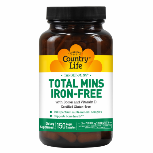 Country Life Total Mins Iron-Free with Boron and Vitamin D Vegetarian Capsules Perspective: front