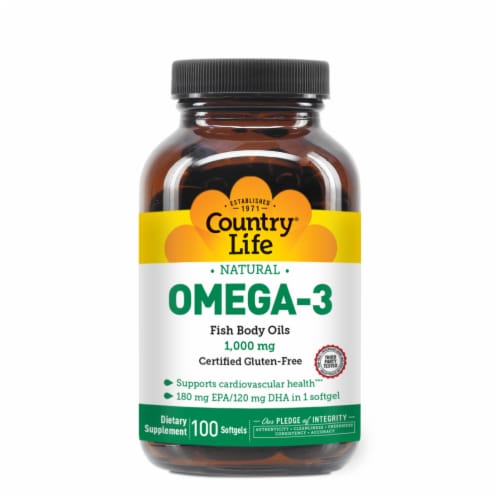 Country Life Omega-3 Fish Body Oils 1000 mg Softgels Perspective: front