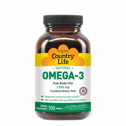 Country Life Omega-3 Fish Body Oils 1000 mg Softgels Perspective: front