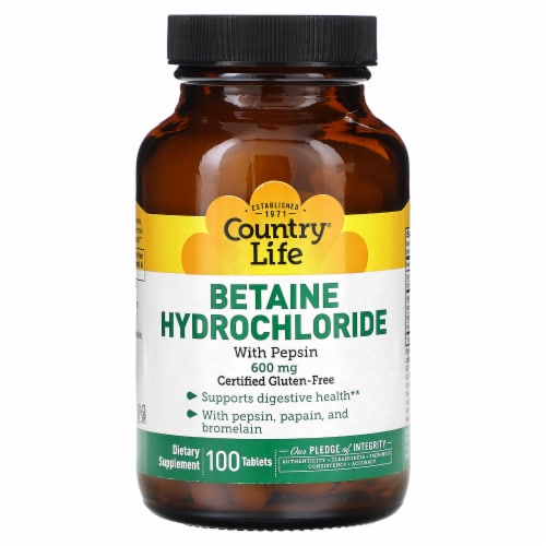 Country Life Betaine Hydrochloride with Pepsin 600 mg - 100 Tablets Perspective: front
