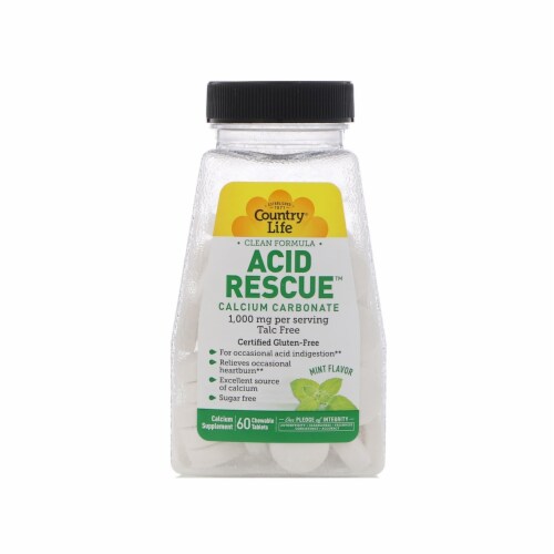 Country Life Acid Rescue Calcium Carbonate, Mint Flavor, 60 Chewable Tablets Perspective: front