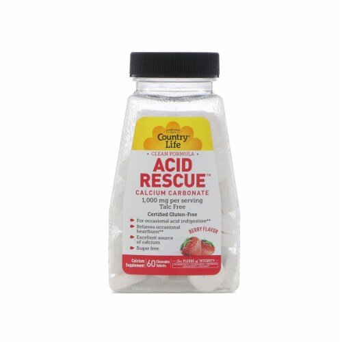 Country Life Acid Rescue Calcium Carbonate, Berry Flavor, 60 Chewable Tablets Perspective: front