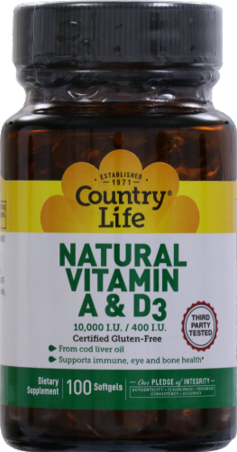 Country Life natural Vitamin A & D3 Softgels 10000 IU Perspective: front