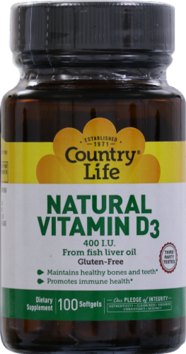 Country Life Natural Vitamin D3 Softgels 400 IU 100 Count Perspective: front
